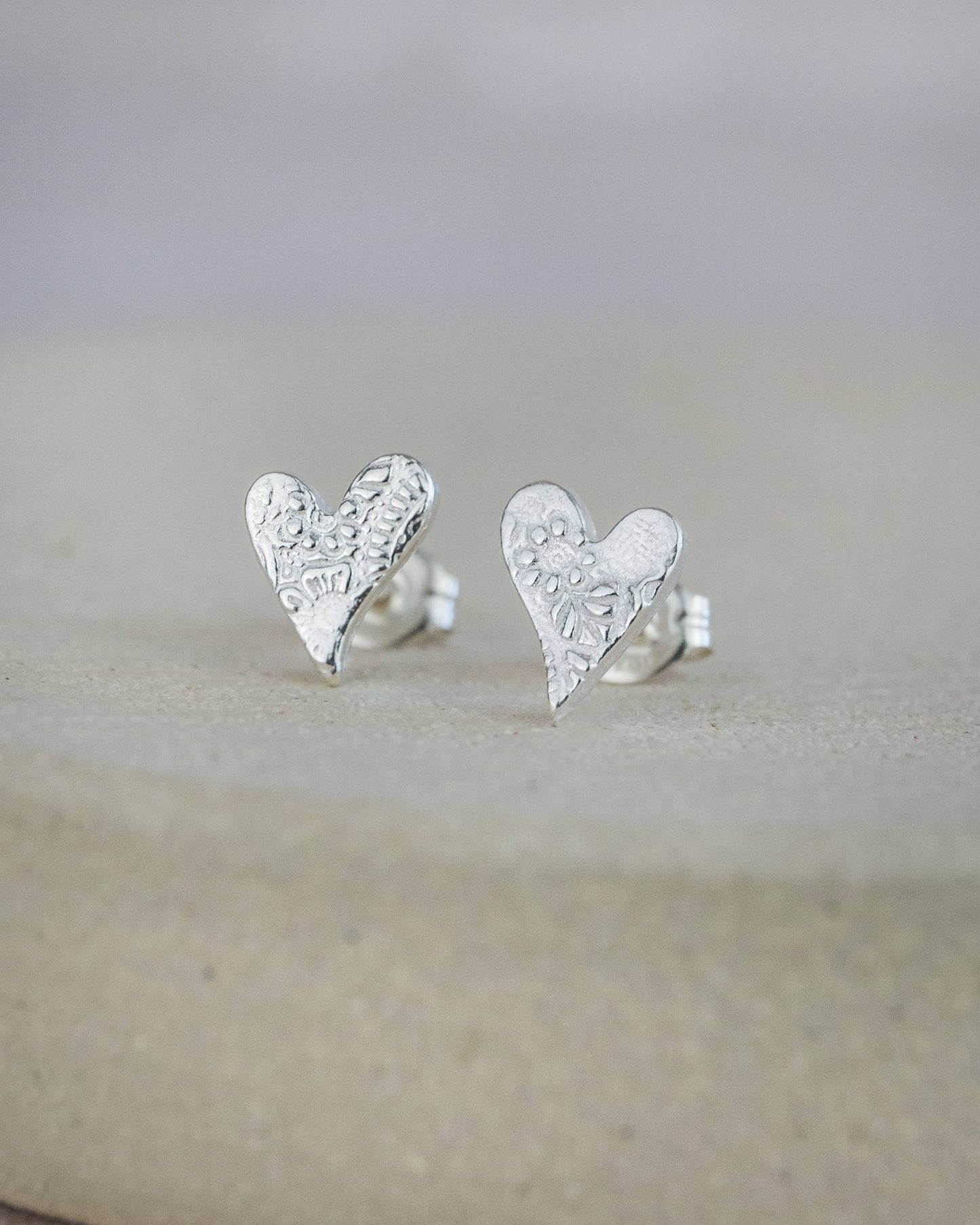 Sterling Silver Textured Tilted Heart Studs