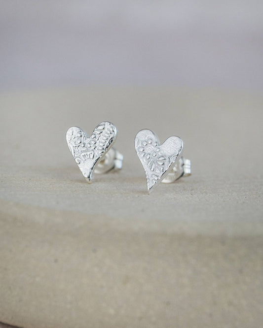 Sterling Silver Textured Tilted Heart Studs